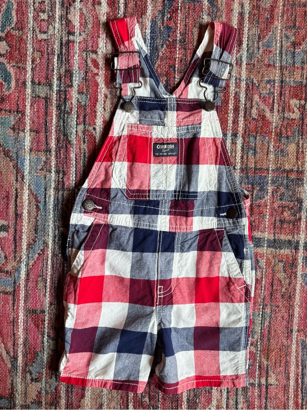 Oshkosh 3T 100% Cotton Red, White, and Blue Plaid Shortalls